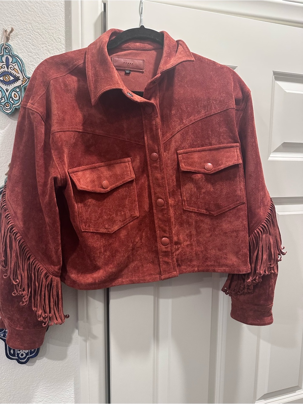 Free People Rust Red Suede Fringe Cropped Jacket